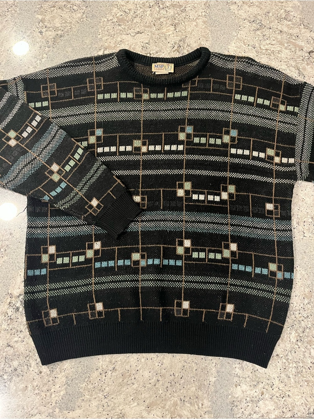 Vintage 90s MSP Black Geometric Crewneck Sweater with Blue and Tan Accents